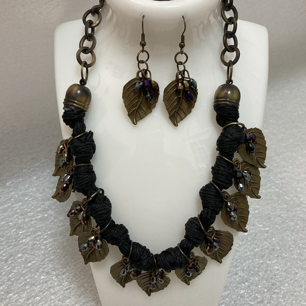 Unique Statement Dark Brass Leaf Bib Necklace and Matching Earring Set